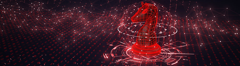 Depiction of a trojan virus with a red Knight horse from a chess board over binary code